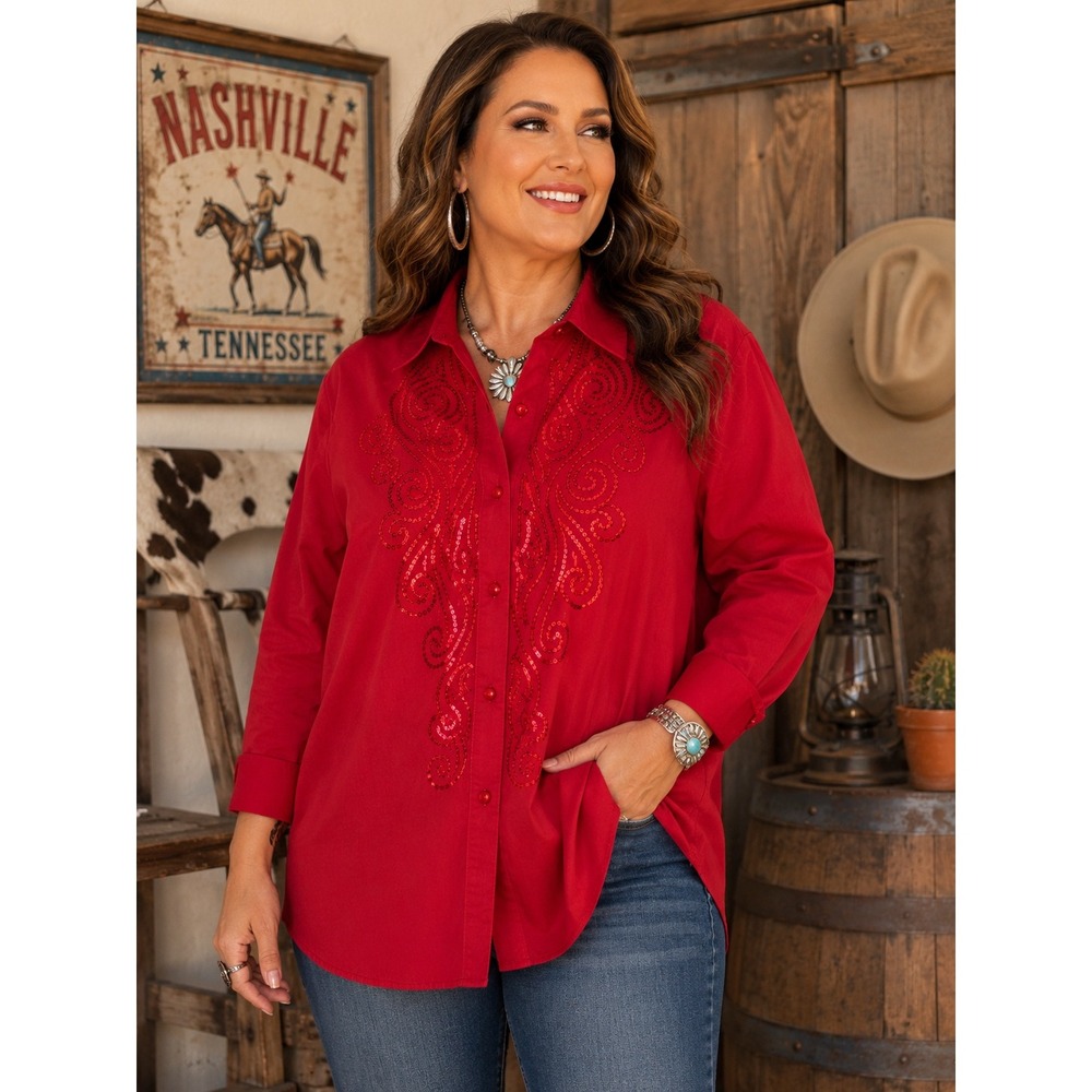 Bob Mackie Wearable Art Red Sequin Western Shirt Rodeo Cowgirl 1X